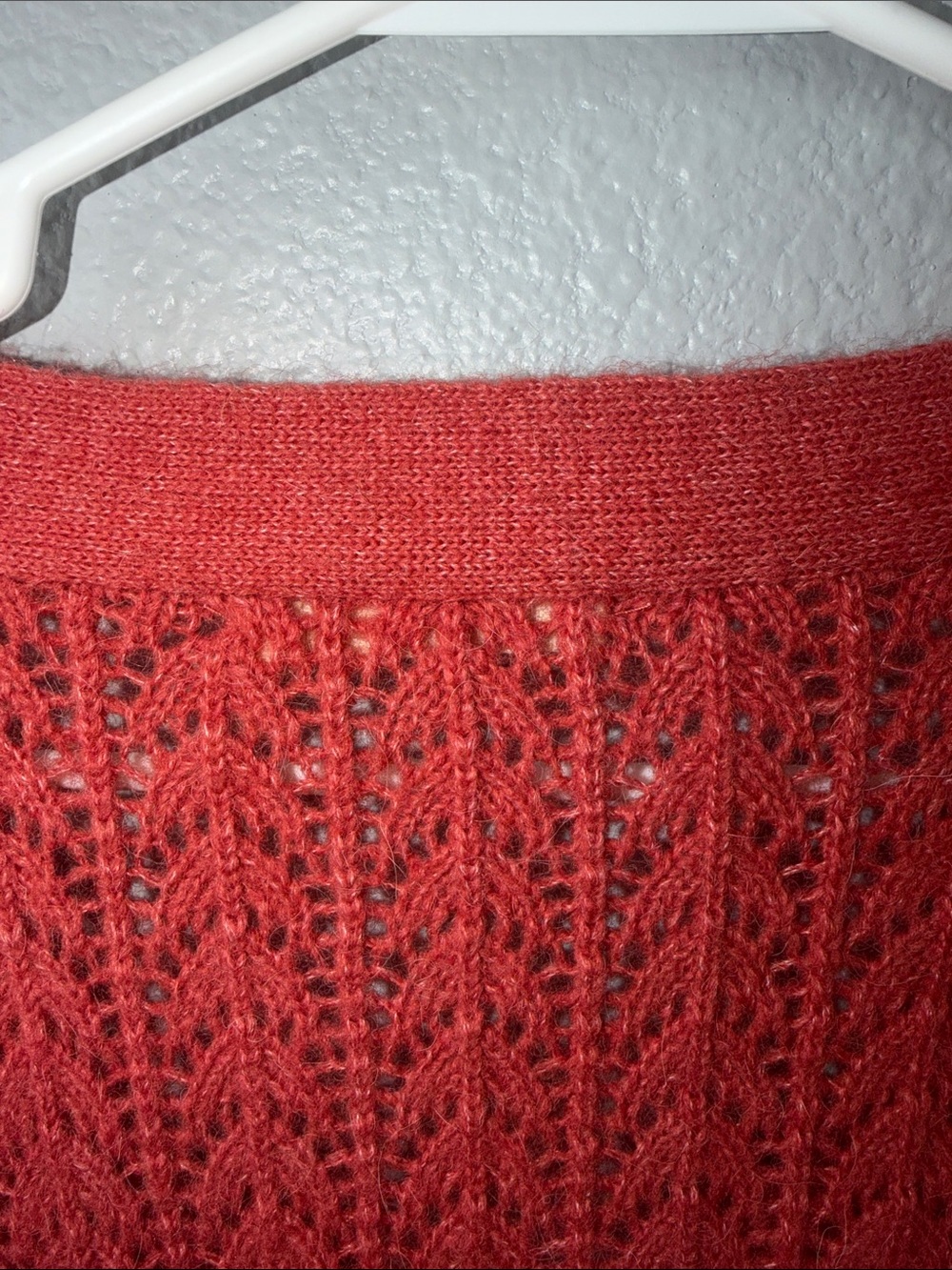 Marine Lauer Coral Red Open Knit V-Neck Sweater with Button Detail - Picture 11 of 11